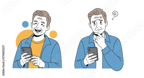 Elderly man experiences contrasting emotions while using a smartphone, showing joy and confusion.