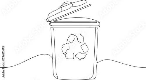 Single line drawing of a recycling bin with open lid
