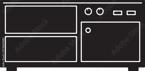 Black and white icon of a kitchen oven with controls appliance cooking