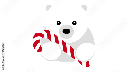 Playful Polar Bear with Candy Cane: A cheerful polar bear playfully holds a vibrant candy cane, bringing a touch of holiday joy with its adorable presence.