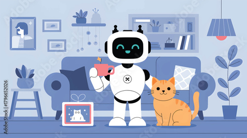 Robot holding pink cup with orange cat in blue living room