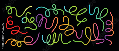Bright neon swirl and squiggle line pattern with glowing curved strokes forming lively decorative border, colorful looping abstract elements arranged in a playful energetic layout for modern visuals