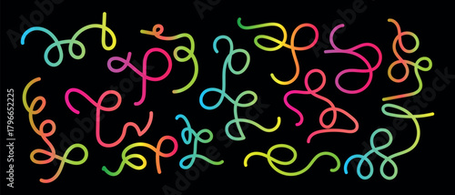 Colorful neon squiggle line background with intertwined glowing loops forming energetic abstract decoration, vibrant curling strokes arranged in a seamless dynamic layout for modern creative visuals