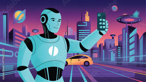 Robot taking selfie in futuristic city at sunset android