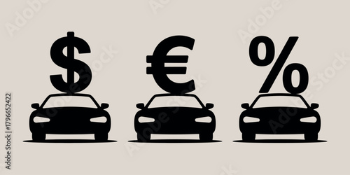 Three black car silhouettes with currency and percentage symbols above