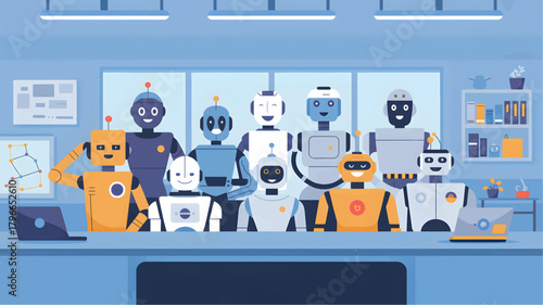 Diverse group of robots in a modern office setting