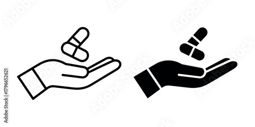 Two stylized icons of a hand holding pills one outlined and one solid black