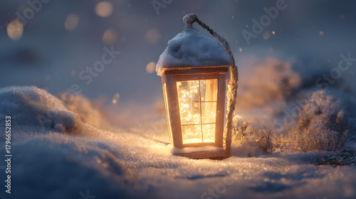 Lantern half-covered by snow, golden volumetric light and serene night mood