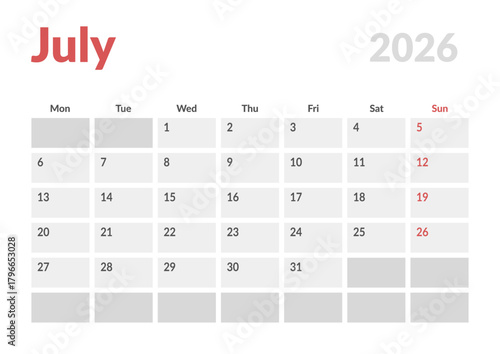 Monthly page Calendar Planner Template design of July 2026. Vector layout of calendar with week start Monday for Scheduling. Page for size A4 or 21x29.7 cm