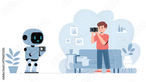 Robot and person taking photos in a living room camera