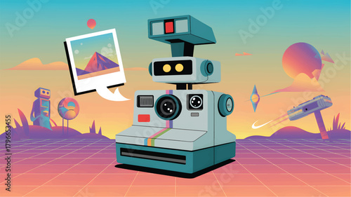 Retro robot with instant camera and futuristic landscape