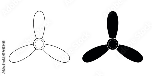 Two stylized fan blades one outlined and one solid black