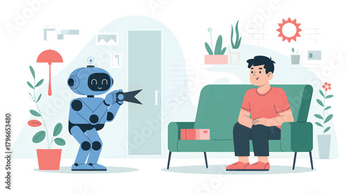 Blue robot offers black arrow to smiling man on sofa