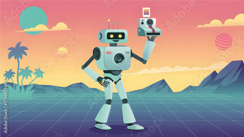 Robot holding instant camera in retro landscape android