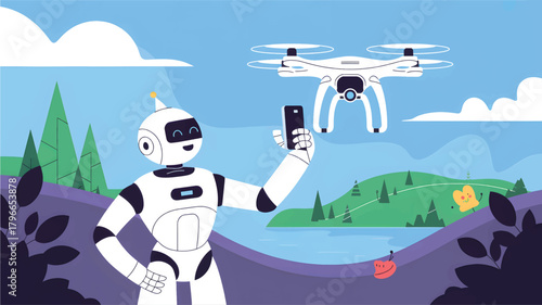 Robot with drone and smartphone in a stylized landscape