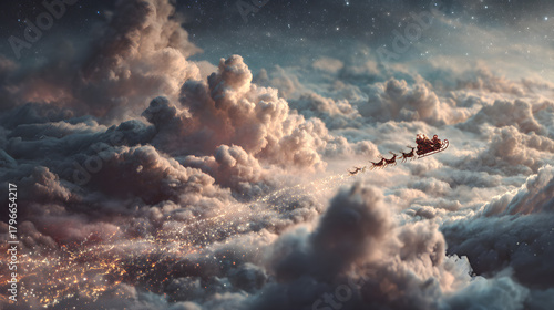 Fototapeta Naklejka Na Ścianę i Meble -  Santas sleigh emerging through midnight clouds, cinematic motion depth and magical realism tone