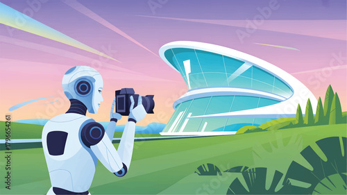Robot holding camera photographing futuristic building