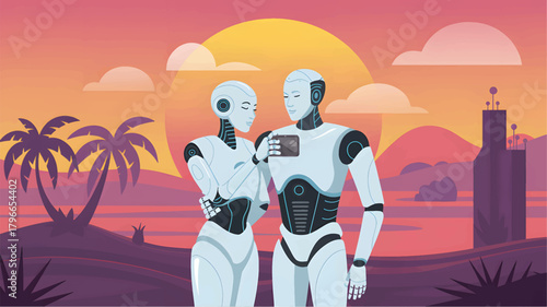 Two robots taking a selfie at sunset with palm trees