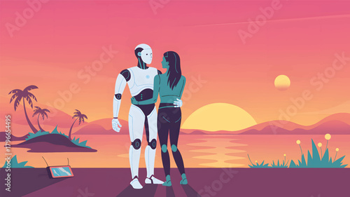 Robot and woman embracing at sunset on tropical island