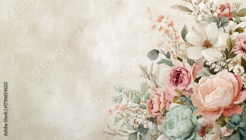 Delicate floral arrangement against a textured, vintage paper backdrop. Soft pinks, whites, and greens