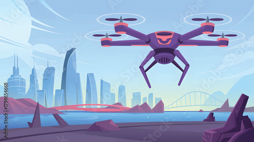 Purple drone flying over futuristic city and water