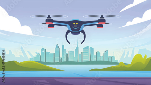 Blue drone flies over a stylized cityscape and water