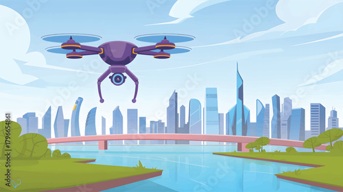 Purple drone flies over a blue river and city skyline