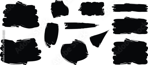 Assorted black hand-painted grunge brush strokes, ink texture elements, and artistic paint marks for abstract backgrounds, overlays, and creative design projects.