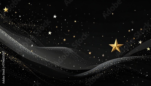 An abstract, luxurious dark background with flowing, rippling lines and scattered gold star details, creating a celebratory atmosphere