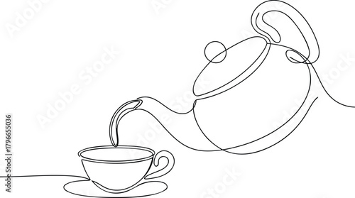 Single line drawing of teapot pouring tea into cup