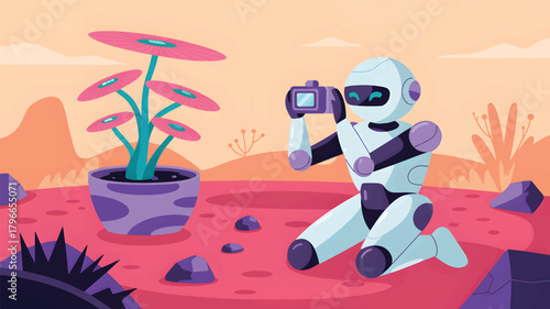 Robot photographing alien plant on pink planet android