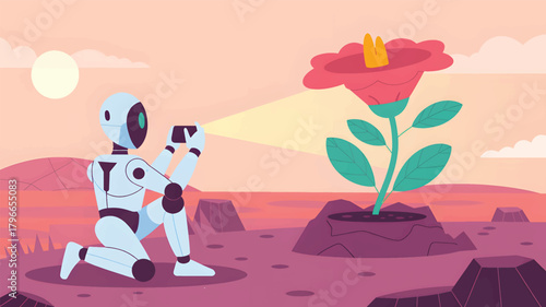 Robot photographing a pink flower on a purple alien planet