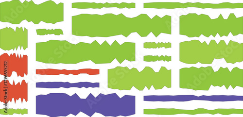 Collection of torn paper strips in various bright colors like green, red, and purple