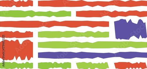 Abstract composition of torn paper strips in red, green, and purple, isolated on a white background