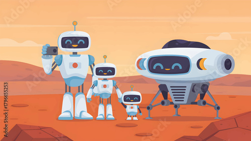 Three cartoon robots and a rover on a red planet android