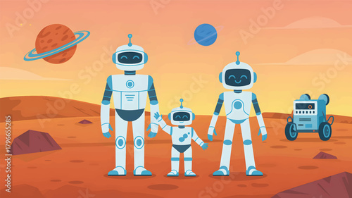 Three smiling robots and a rover on a red planet family