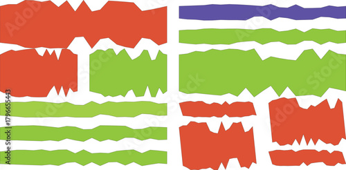 Abstract composition of torn paper strips in red, green, and purple