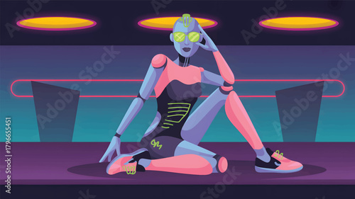 Futuristic robot woman with green sunglasses sitting on purple floor