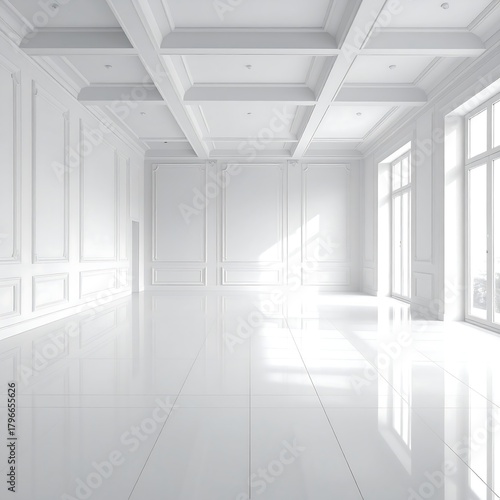 An expansive, pristine, all-white interior space with architectural detailing, high ceilings, large windows, and a glossy floor