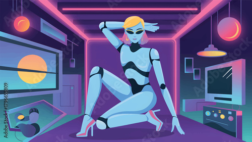Blue android woman posing in neon lit room robot female