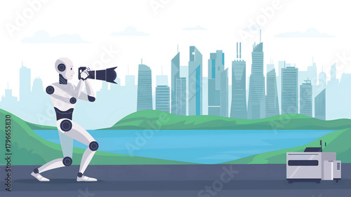 Robot photographer with camera in front of city skyline