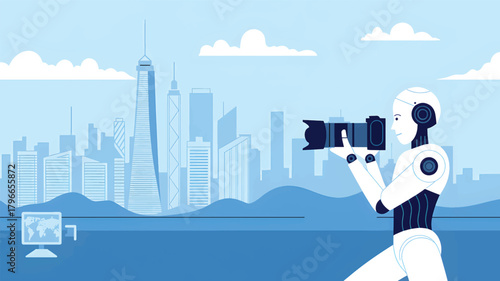 Robot photographer with camera in front of blue cityscape