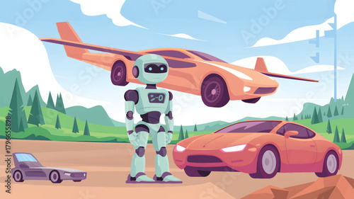 Robot with orange sports car and airplane in landscape