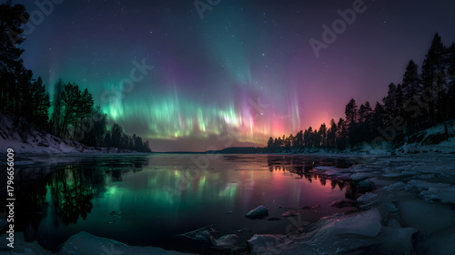 River frozen under aurora colors, panoramic composition and cosmic winter calm