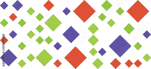 A vibrant pattern of scattered red, purple, and green diamond shapes of varying sizes isolated on a white background