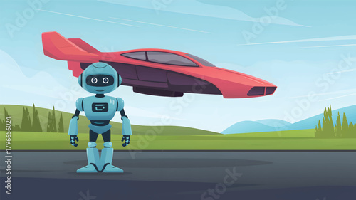 Blue robot stands before a red futuristic car hovering in the sky