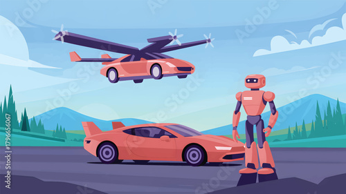 Orange robot and flying car with sports car android