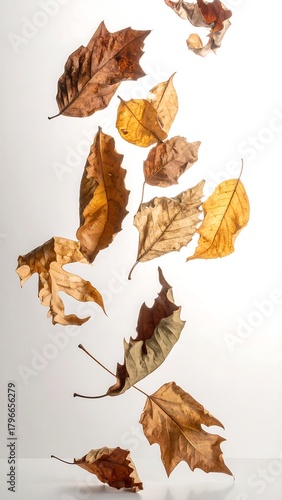 Assortment of dried leaves in varying brown and yellow hues, captured against a clean, bright white background. Leaves appear to be falling