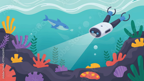 Underwater robot explores coral reef with blue fish