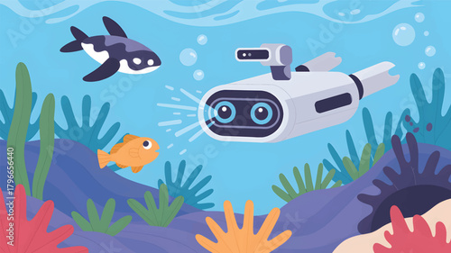 Orca and robot submarine explore underwater coral reef